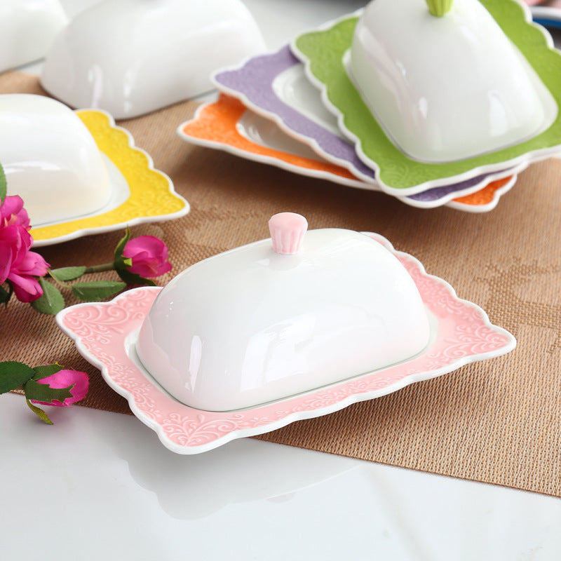 Ceramic embossed lace butter dish