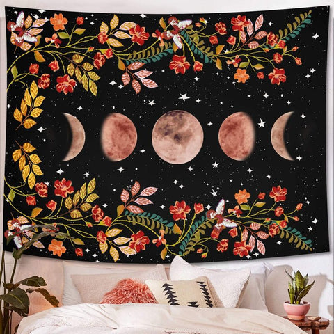 Moon Phases Floral Tapestry