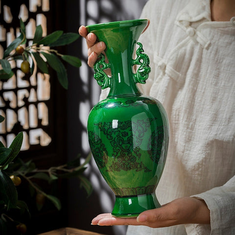 Jade-green Ceramic Vase Antique-style Vessel Chinese-style Decorative Ornament
