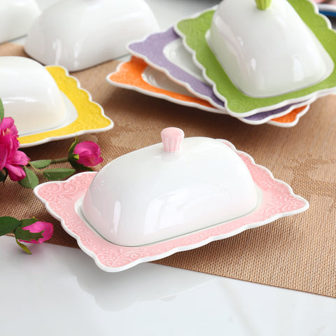 Ceramic embossed lace butter dish